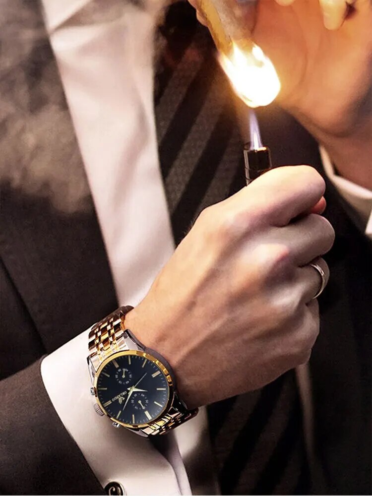2PCs Fashion Business Big Dial Men's Room Gold Steel Band Quartz Wristwatch wit image 4