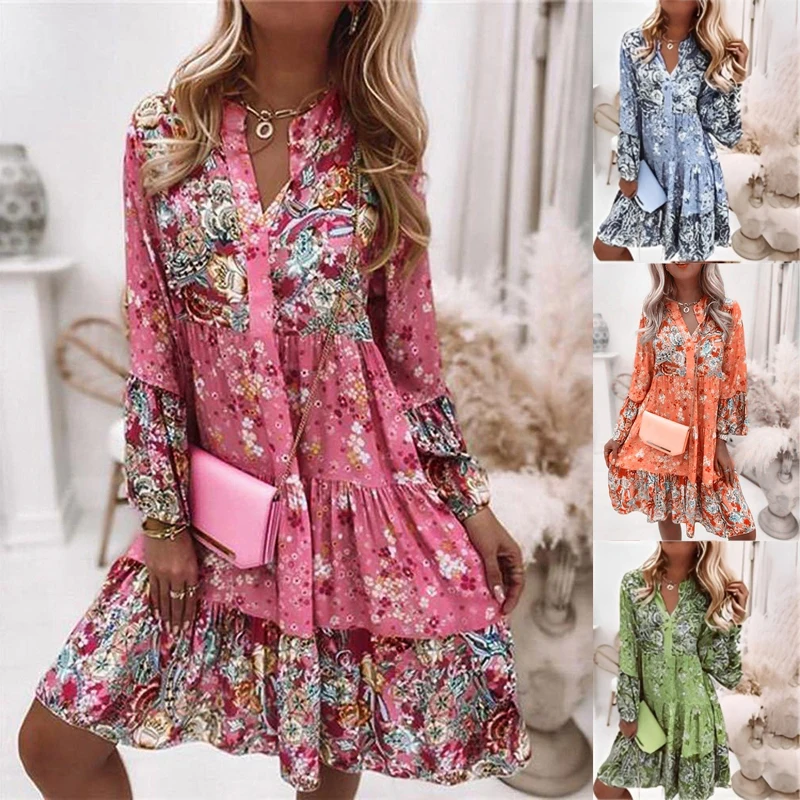 Women Floral Print Dress 2023 Summer Solid Casual V Neck Ruffles Boho Casual Dr image 7