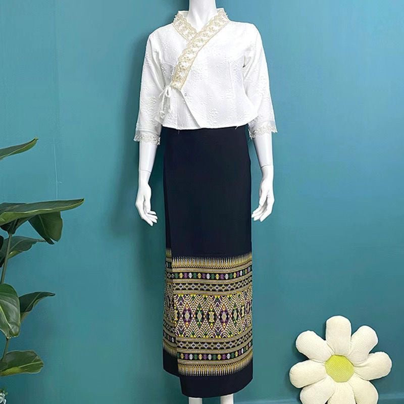 Women Summer Thai Traditional Clothes 2Pcs Set Photography Dance Asian Party Fe image 4