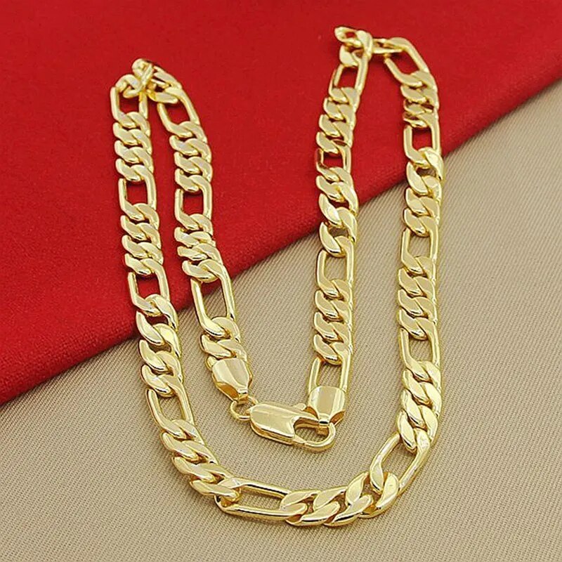 High Quality Men's 8mm 24'' 60cm Gold Necklace 24k Yellow Gold Color Figaro Cha image 2