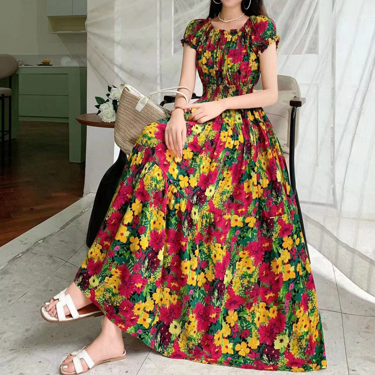 Bohemian Summer Trendy New Elegant Retro Vintage Midi Dress Large Swing Print E image 3