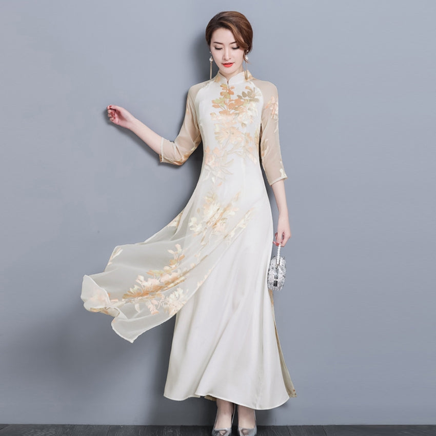 Vietnam Dress for Women Ao Dai 2022 Spring Summer New Floral Elegant Cheongsam image 0