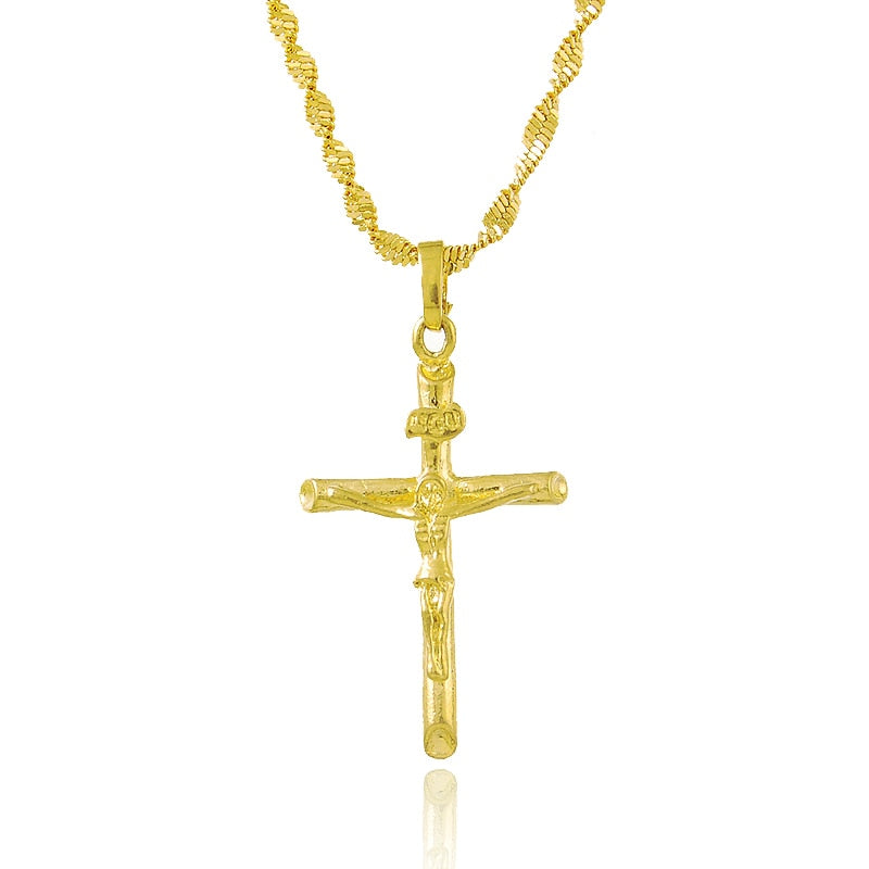 Real 24K Gold Color Cross Pendant & Necklace For Men/Women Gold Chain image 3