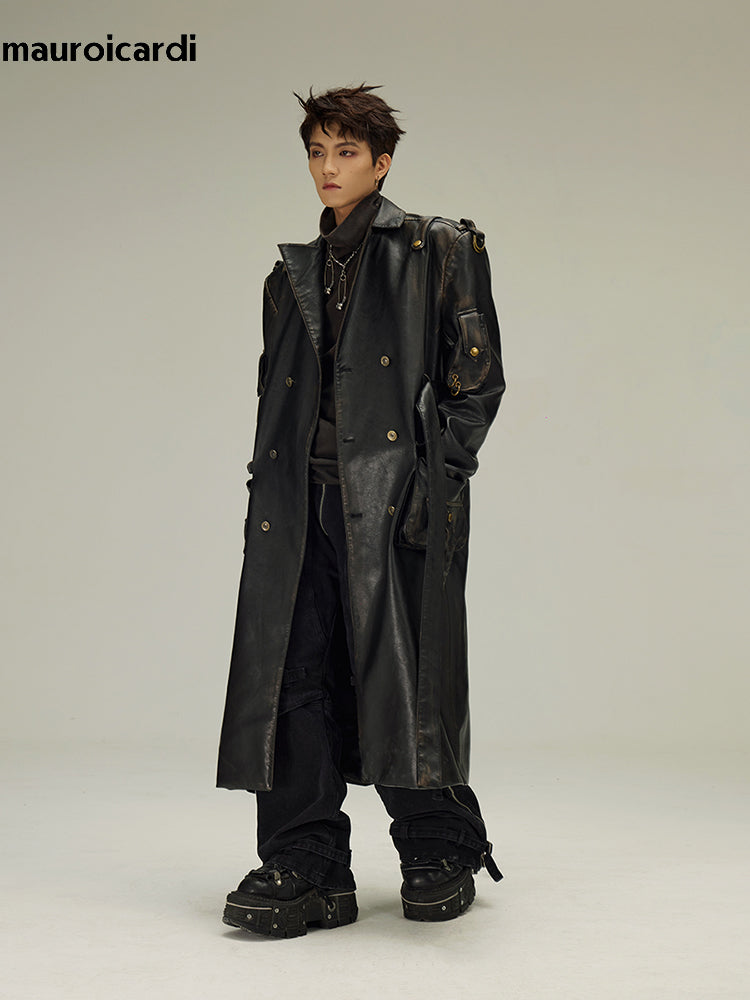 Mauroicardi Spring Autumn Long Distressed Black Pu Leather Trench Coat Men Bel image 4