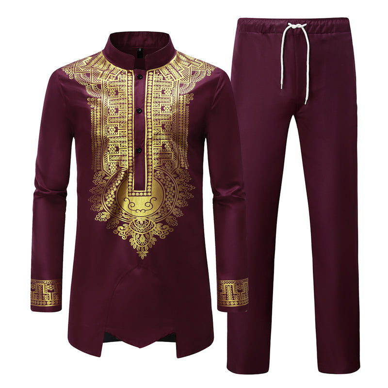White African 2 Piece Set for Men Long Sleeve Mandarin Collar Shirts and Pants image 2