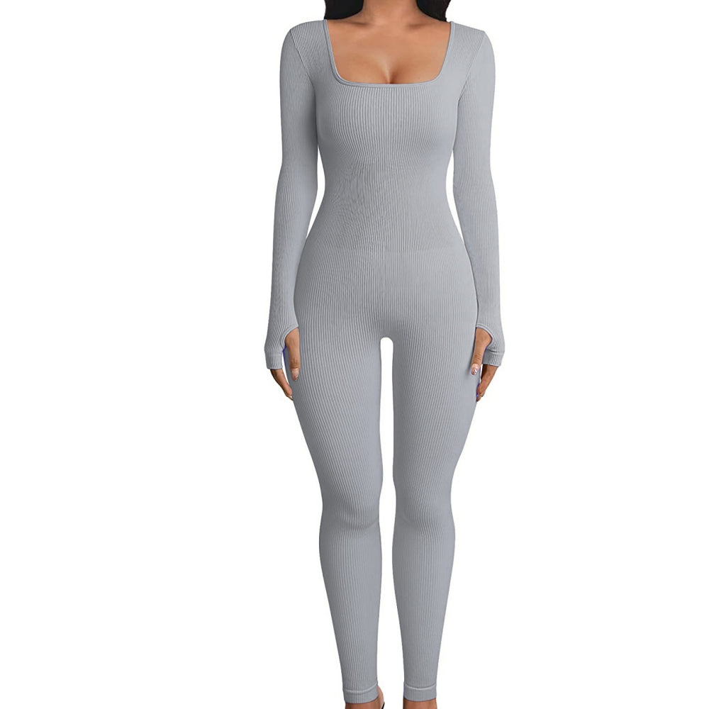 Women's One-Piece Ribbed Square Collar Yoga Sports Jumpsuit Solid Color Long Sl image 5