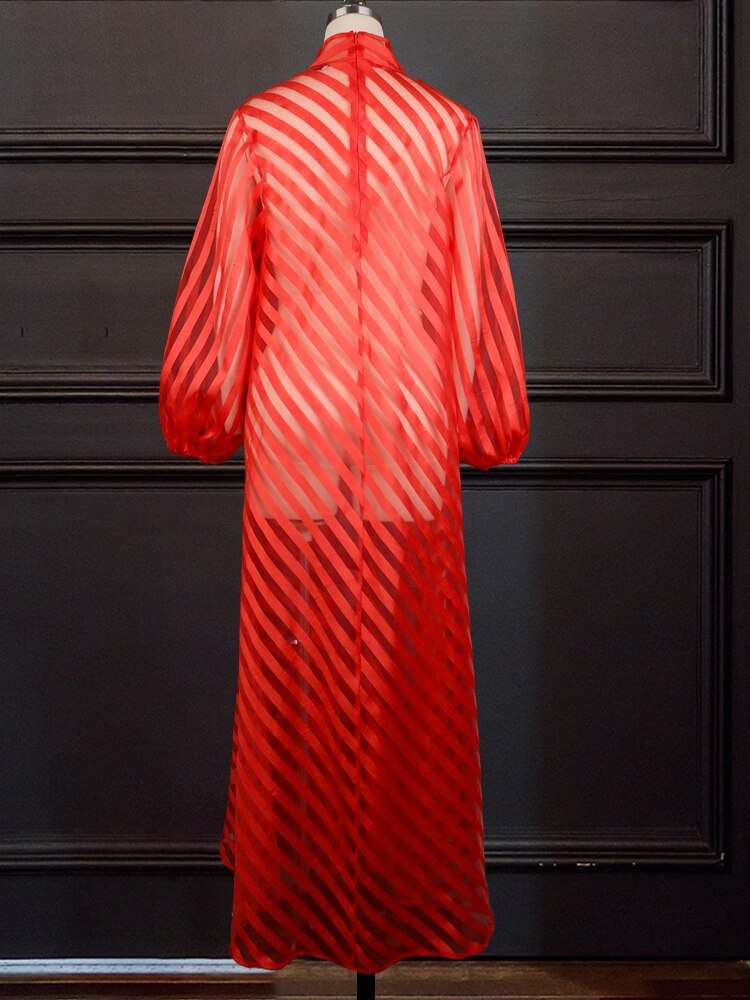 Shirt Dresses Plus Size Women Long Sleeve Red Striped Stand Collar See Through a image 3