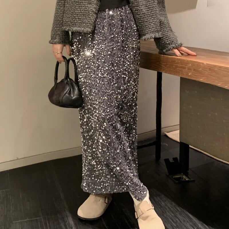 Women Elegant Shiny Sequined Long Skirt Summer Fall Elastic Waist Casual Skirts image 8