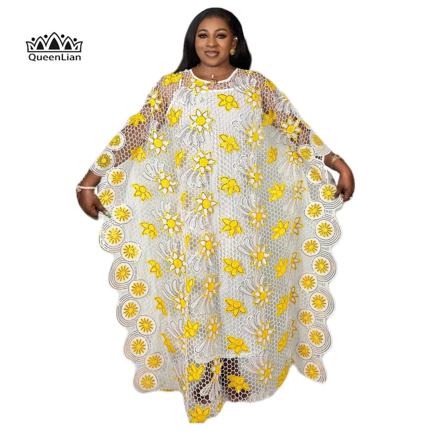 PLus size Elegant Kaftan Dress Women's Sequin Floral Patterned bat Sleeve Round image 3