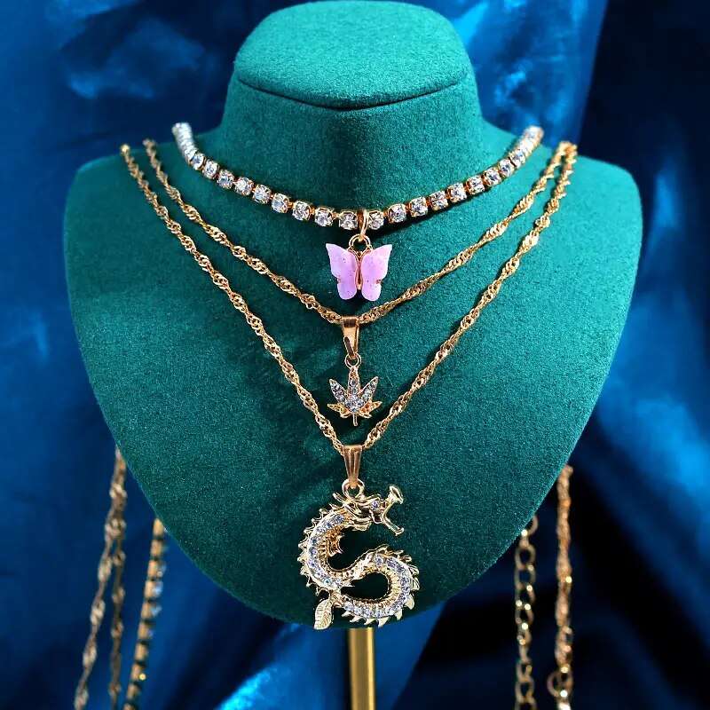 New Multi Layer Butterfly Dragon Charms Crystal Necklaces For Women Punk Golden image 17