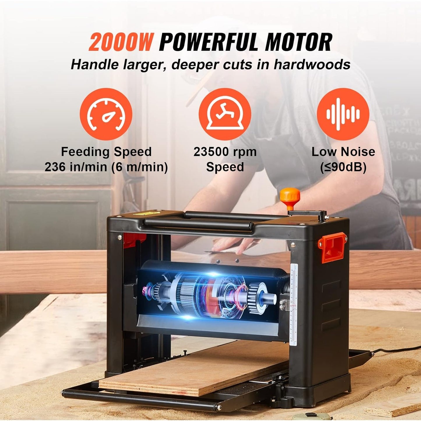 VEVOR Thickness Planer, Two Speed, 13" W Benchtop Planer, Three-Blade, 15-A 200 image 2