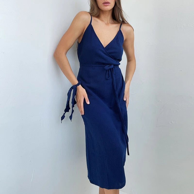 Vintage Women'S Dress 100% Cotton Crepe Gauze V-Neck Sleeveless Bandage Long Ma image 0