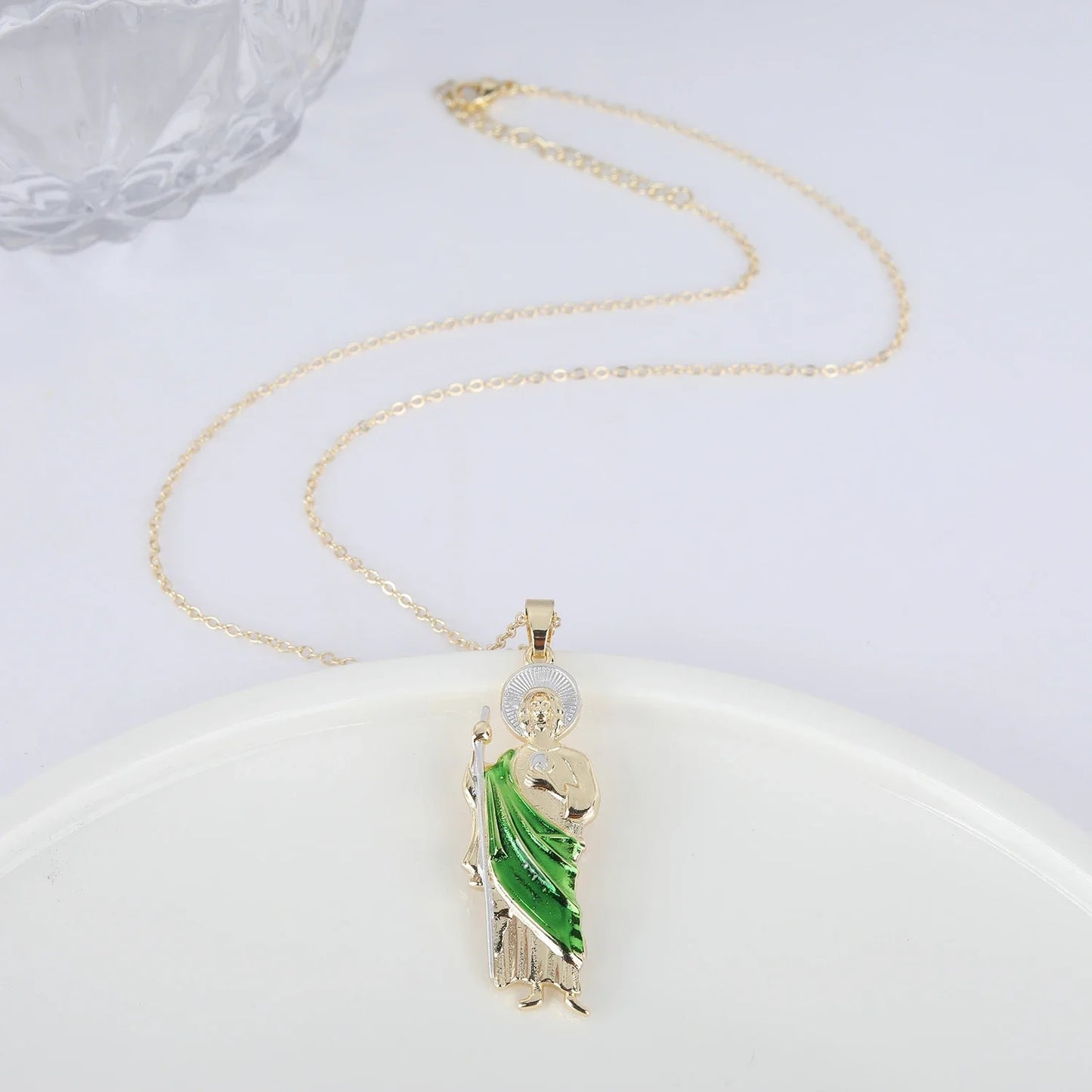 Green Pink Gold Color San Judas Tadeo Pendant Necklace 3 Sizes Gold Necklace fo image 3