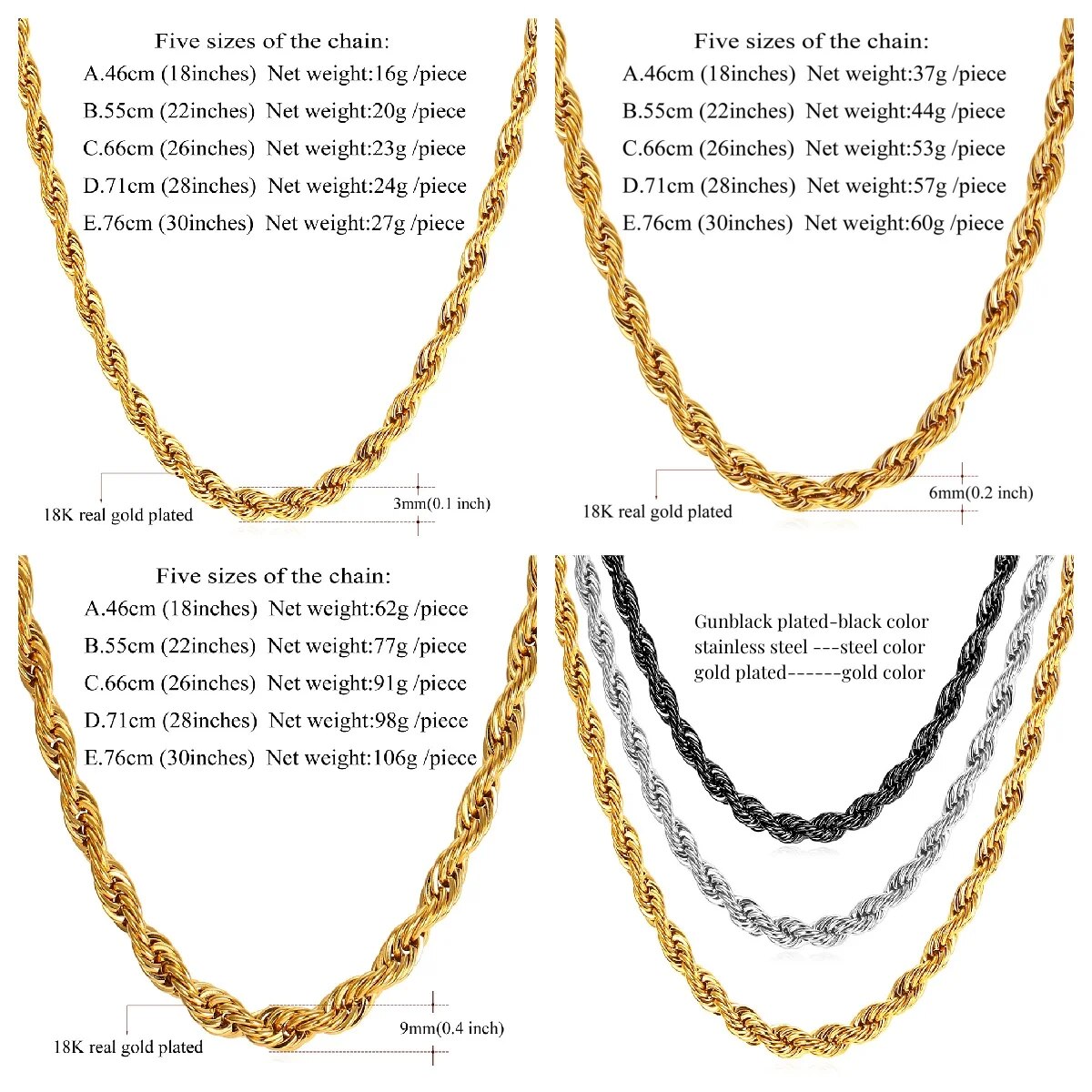 U7 Thick Stainless Steel Twisted Rope Chain Necklace For Men Gold Color Hippie image 6