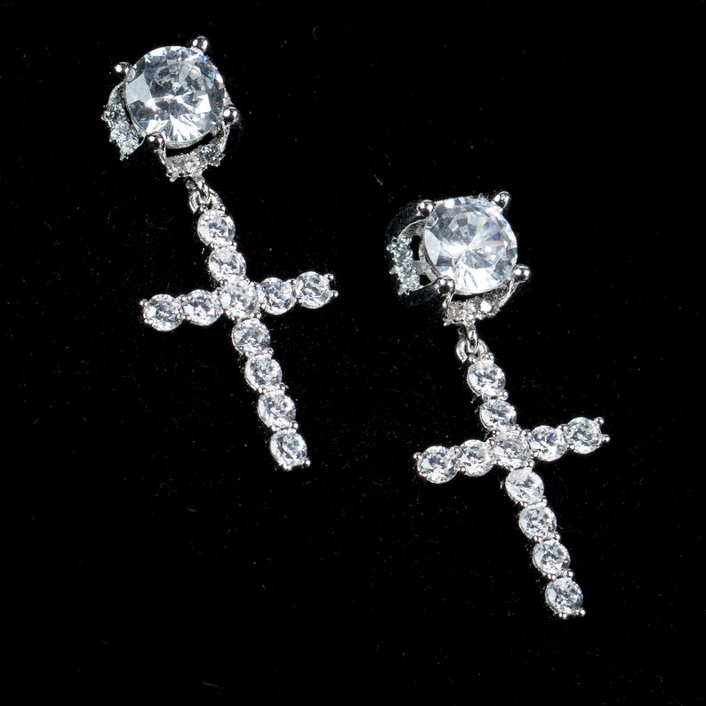 Punk Gold Color Cross Stud Earrings Hip Hop White Litter Rhimestone Jewelry Pie image 18