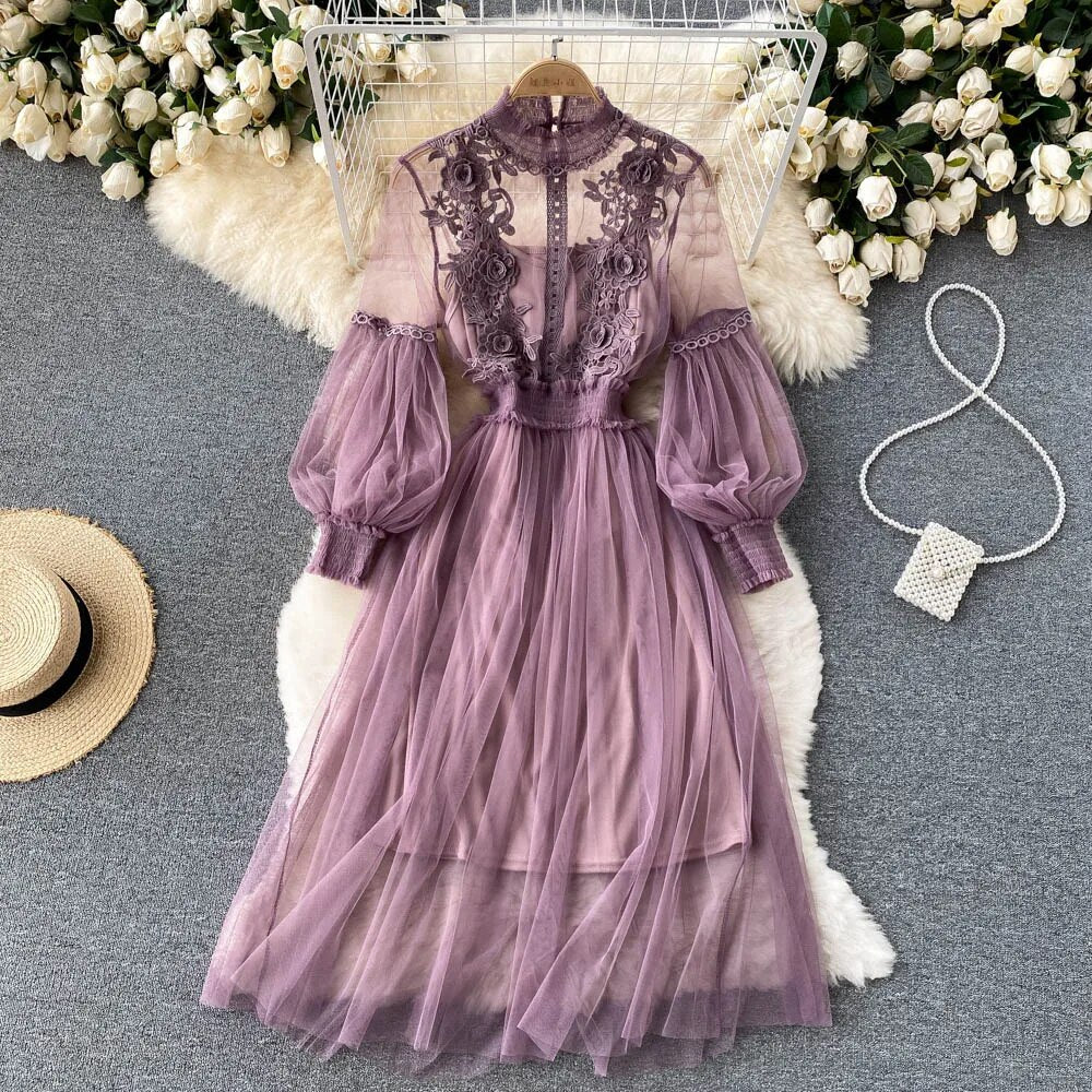 Women Evening Dress Three-dimensional Decoration Floral Mesh Stand Collar Lante image 5