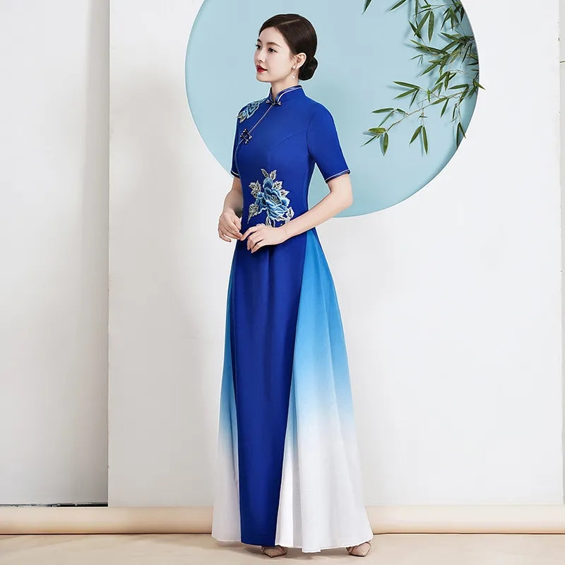 2024 Ao Dai Cheongsam Folk Style Vietnam Chiffon Aodai Elegant Women Flower Emb image 4