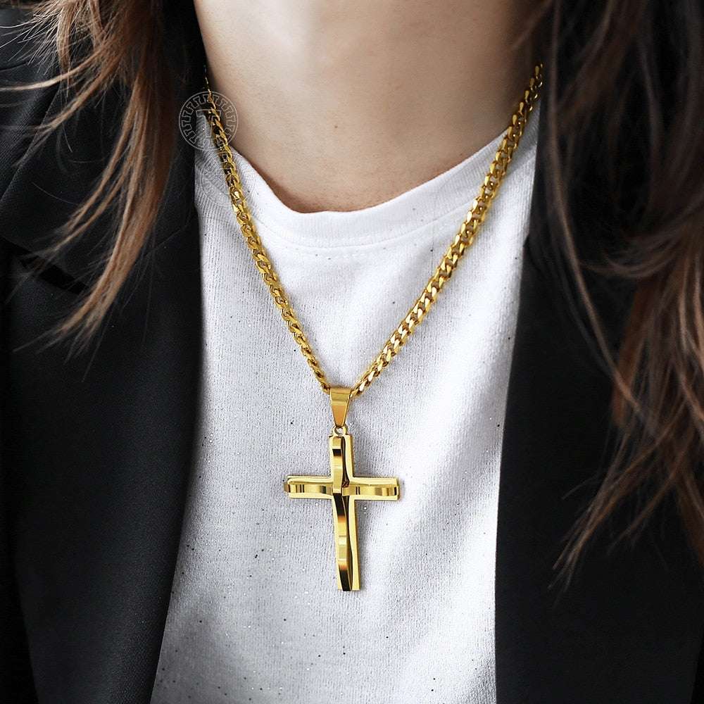 Punk Miami 2Pcs/Set Gold Color Big Cross Pendant Necklace for Men Women Stainle image 2