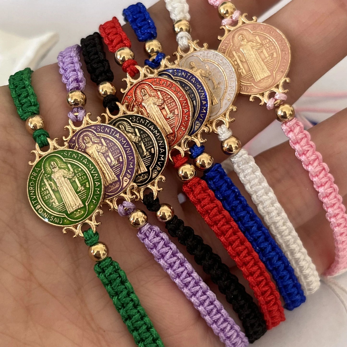 1 Pcs Size Adjustable Colorful Gold Plated Saint Benedict Handmade Weave Rope R image 7