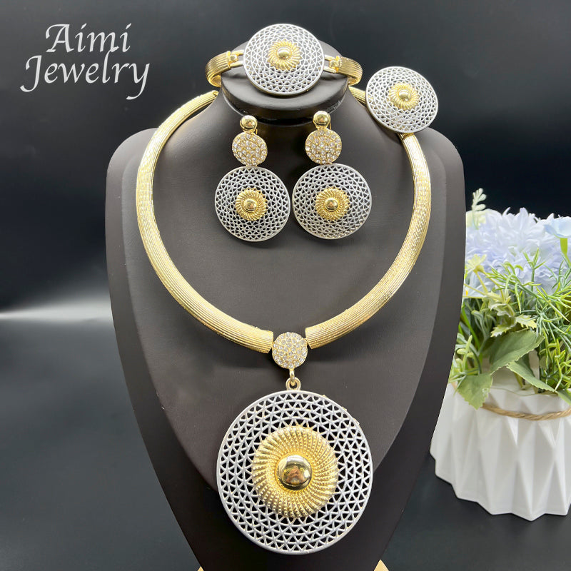 Large Round Pendant 18K Gold Plated Jewelry Set for Women Necklace Earrings Bra image 0