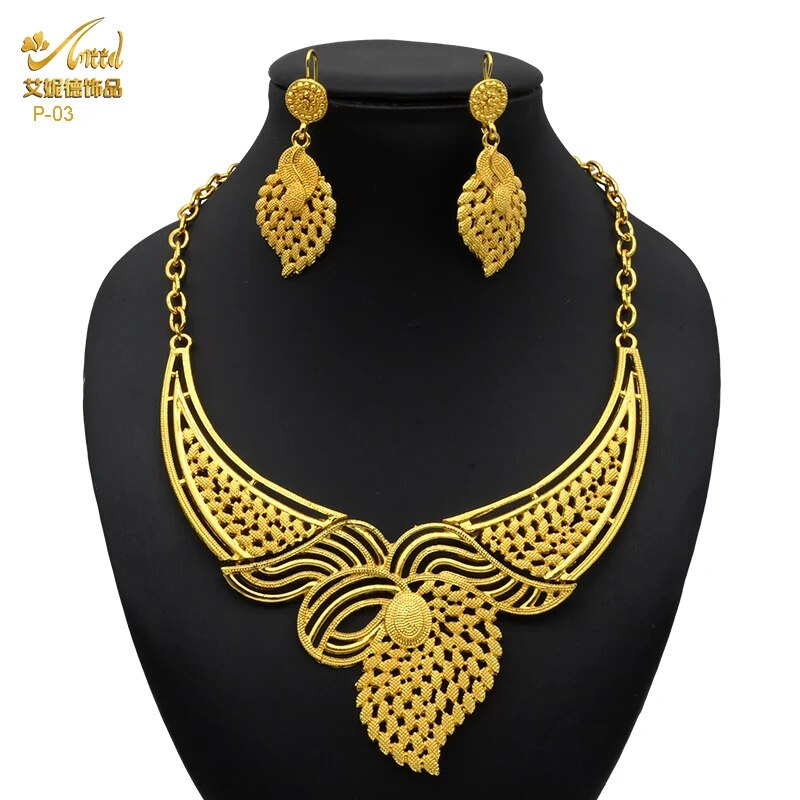 Indian Gold Plated Jewelry Set For Women African Bridal 24K Gold Color Necklace image 21