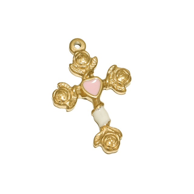 5pcs Stainless Steel Gold Color Plated Enamel Flower Cross Charms Findings Wome image 5