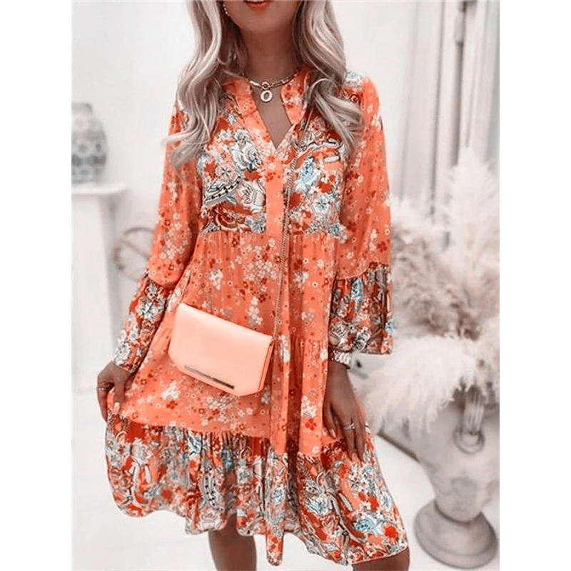 Women Floral Print Dress 2023 Summer Solid Casual V Neck Ruffles Boho Casual Dr image 6