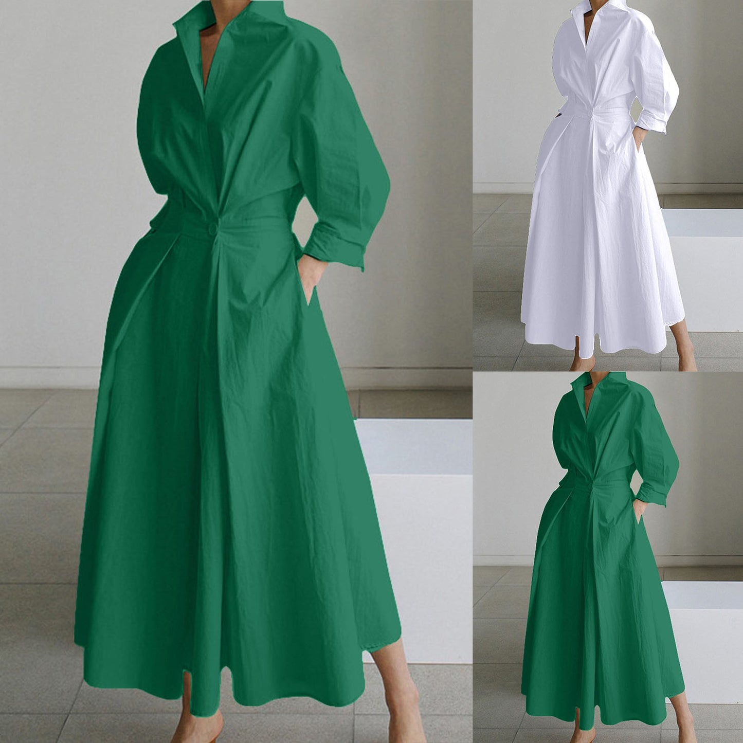 Women Long Sleeve White Shirt Dress 2024 Summer Autumn Casual Lapel Wrap Dresse image 3