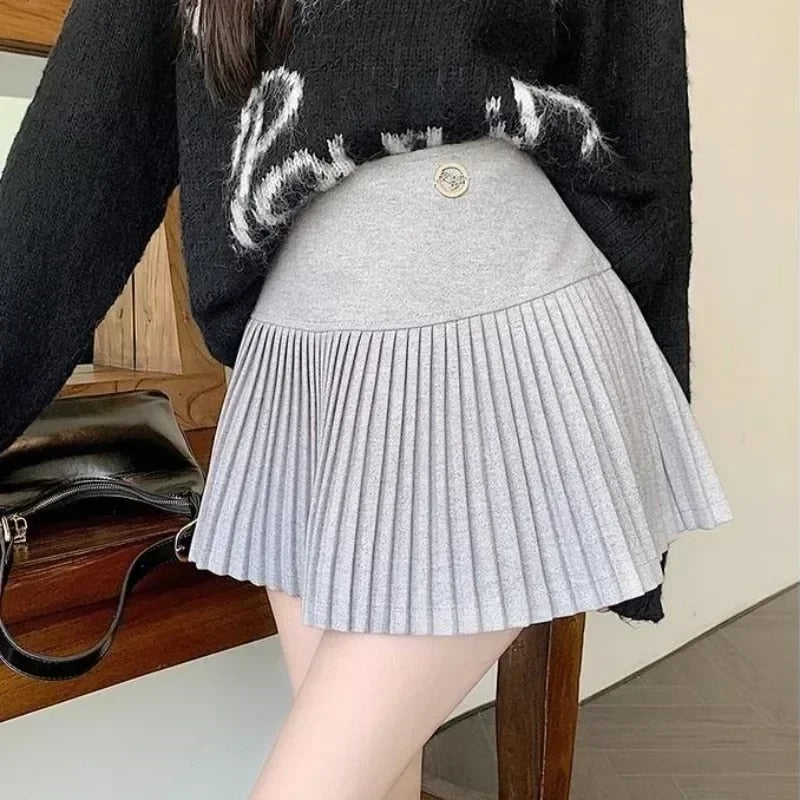 HOUZHOU Woolen Pleated Skirt Women Korean Cute Cute High Waist A-line Patchwork image 4