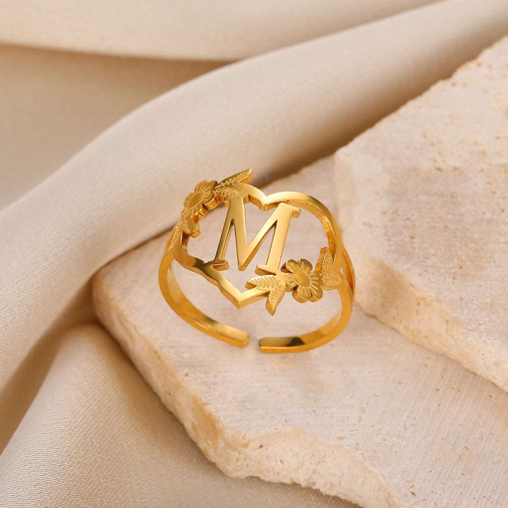 Stainless Steel Initials Flower Heart Rings Gold Color Adjustable Delicate Lett image 12