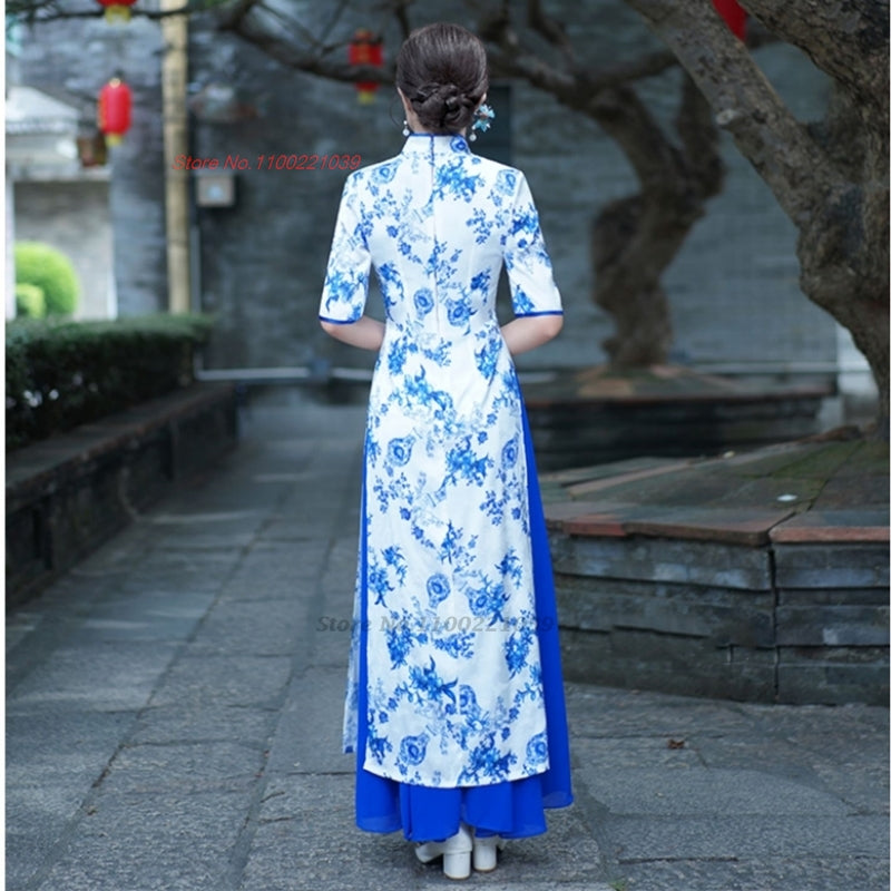 2024 vietnam aodai dress improved cheongsam qipao dress national flower print q image 5