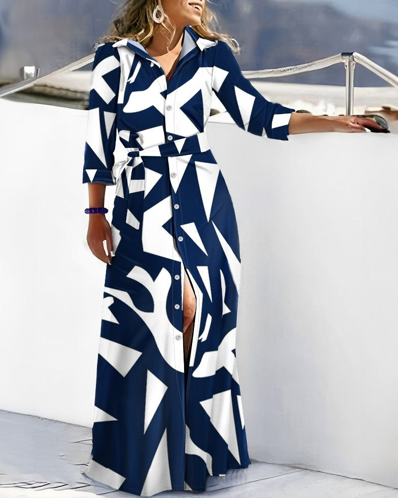 Women Casual Shirt Dress V-Neck Irregular Print Slit Midi Dress Summer Fashion image 2