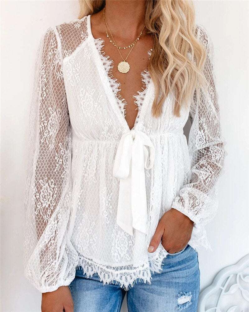 Imcute Women Shirts Autumn Mesh Sheer See Through Sleeve Patchwork Blouses image 3