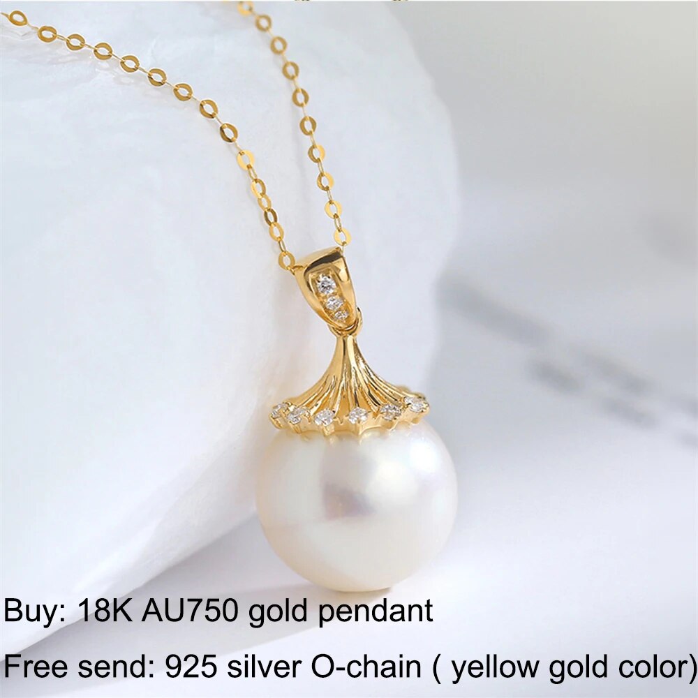18K Gold Necklace Pendant Round Natural Freshwater Pearl AU750 Yellow Gold Pen image 0