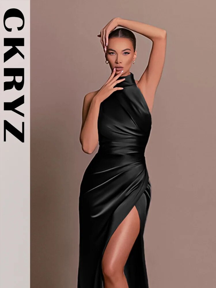 Ladies Satin New Evening Party Dresses Women Sleeveless Backless Halter Side Sl image 6