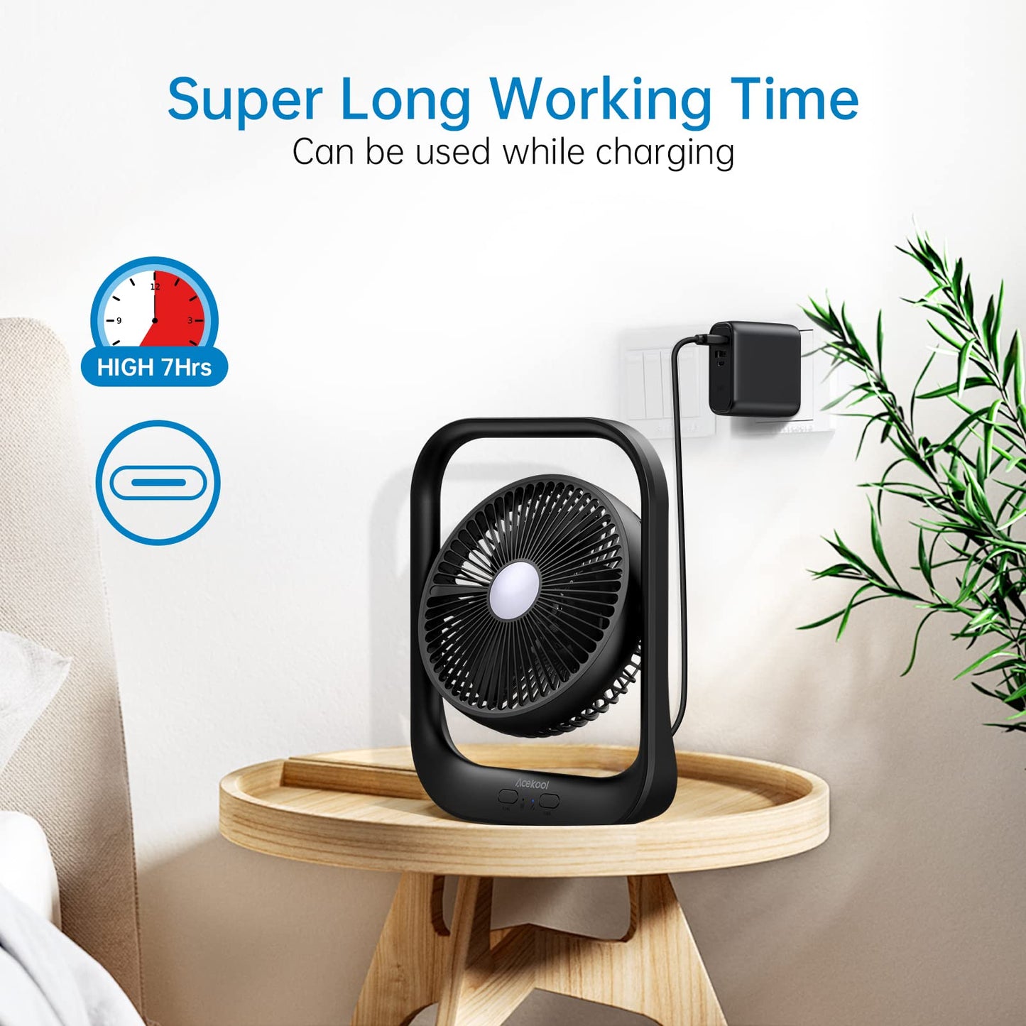 USB Rechargeable Fan with LED Night Light, 3 Speeds Portable Desk Fan,3600mah 1 image 3