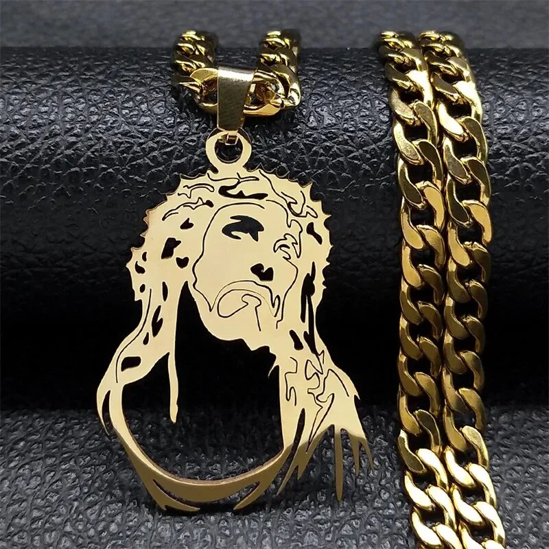 Hip Hop Punk Crown of Thorns Jesus Cross Necklace for Men Stainless Steel Gold image 3