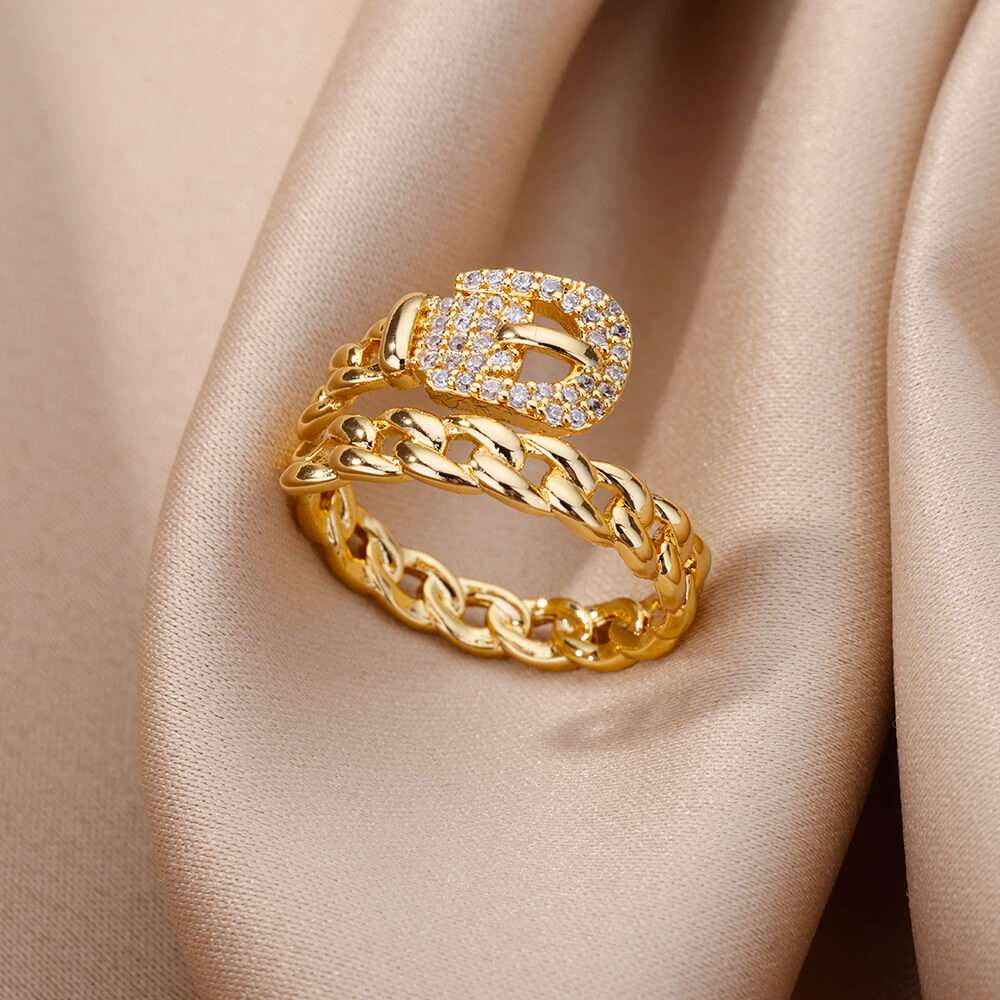 Fashion Gold Color Stainless Steel Rings For Women Chain Hollow Out Crystal Zir image 3