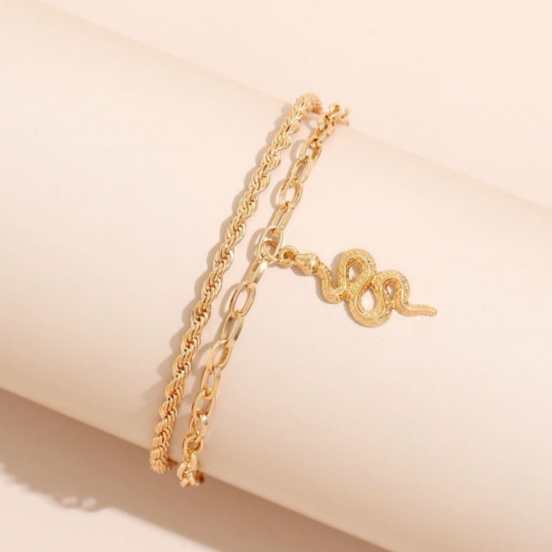 Simple Vintage Double Layered Anklets Snake Pendant Golden Anklet Personalized image 3