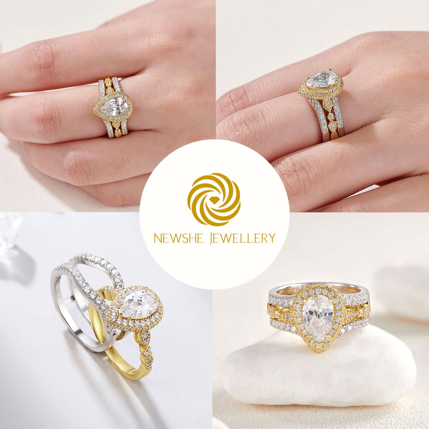 Newshe Yellow Rose Gold Engagement Ring Set 925 Sterling Silver Adjustable image 4