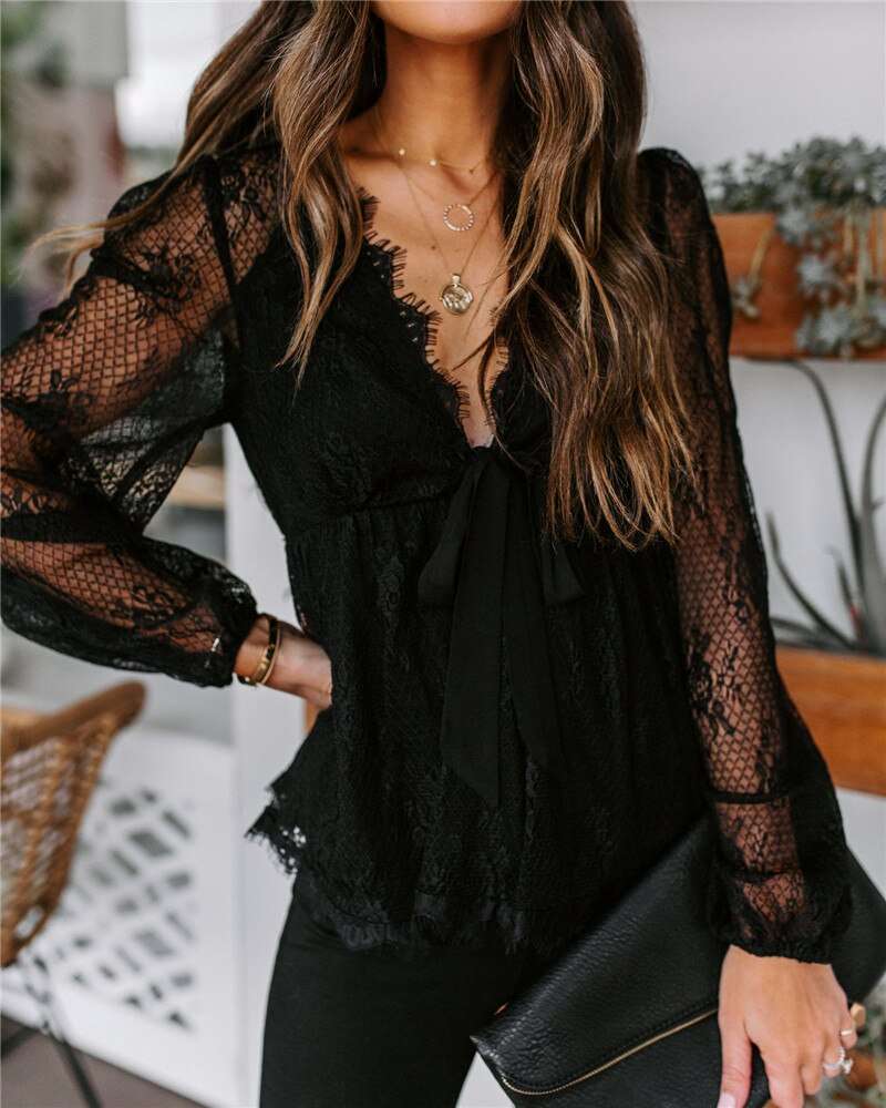 Imcute Women Shirts Autumn Mesh Sheer See Through Sleeve Patchwork Blouses image 4