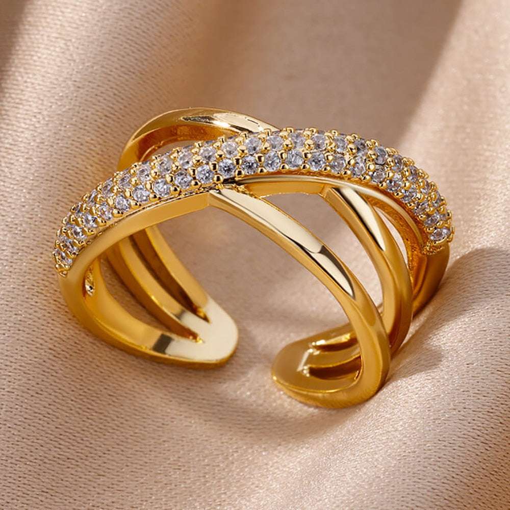 Fashion Gold Color Stainless Steel Rings For Women Chain Hollow Out Crystal Zir image 6