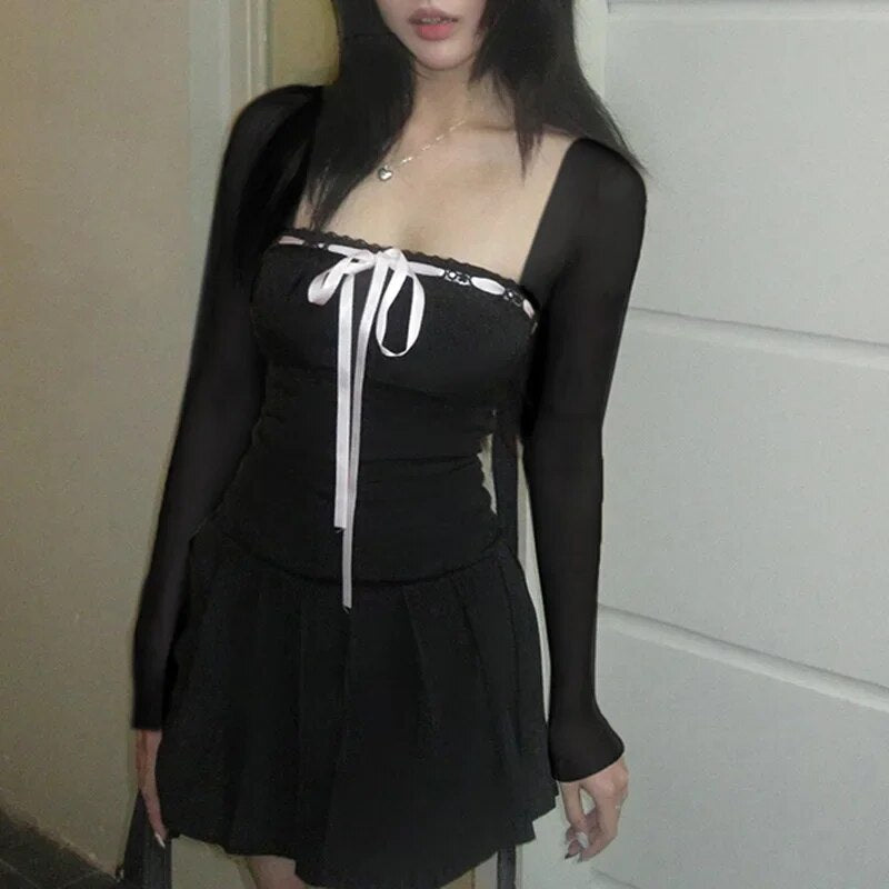 Women Sweet Lace Trim Bow Pleated Dress Mini Coquette Korean Fashion Square Nec image 0