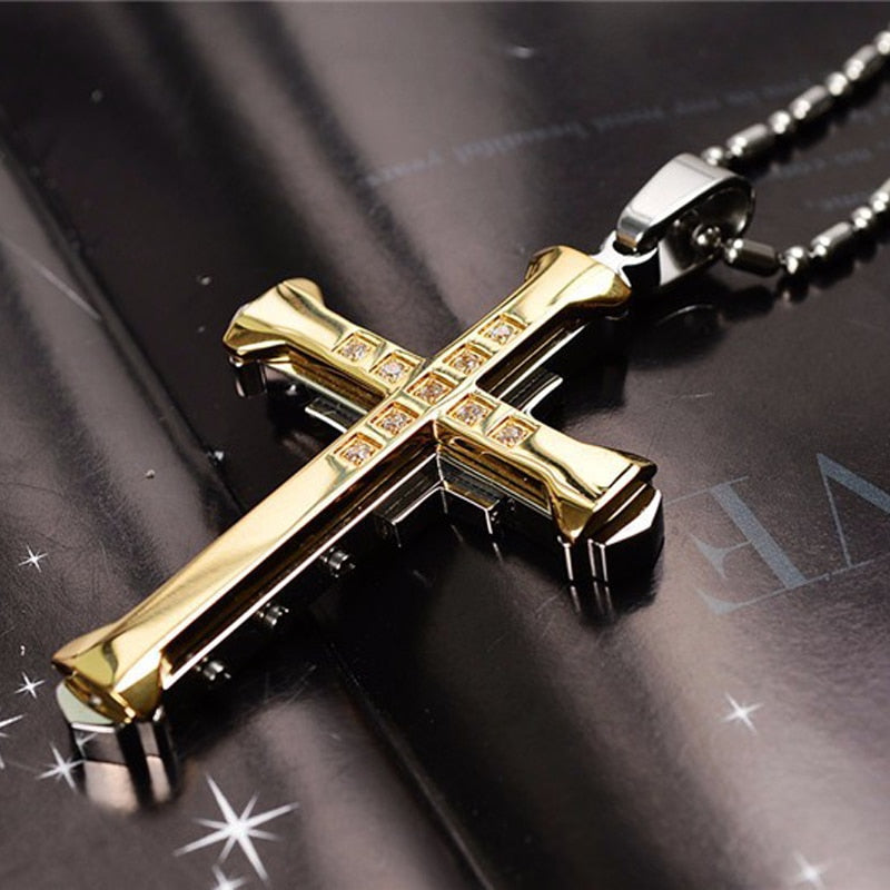 2022 New Male Crystal Cross Jesus Pendant Gold/Black/Blue Color Zirconia image 6