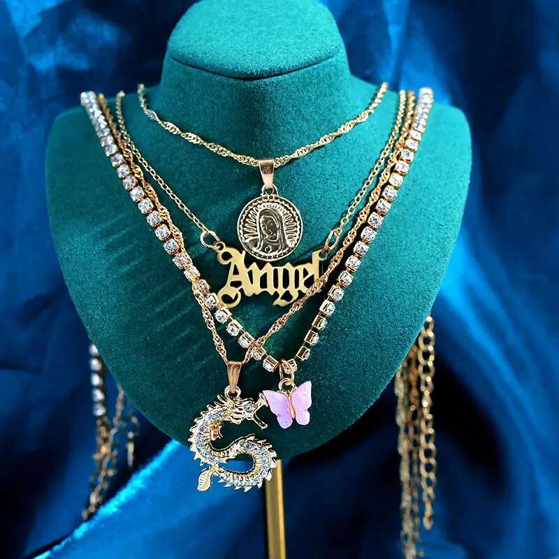 New Multi Layer Butterfly Dragon Charms Crystal Necklaces For Women Punk Golden image 14