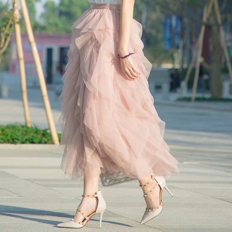 Tutu Tulle Long Maxi Skirt Women Fashion Korean Cute Pink High Waist Pleated Sk image 8
