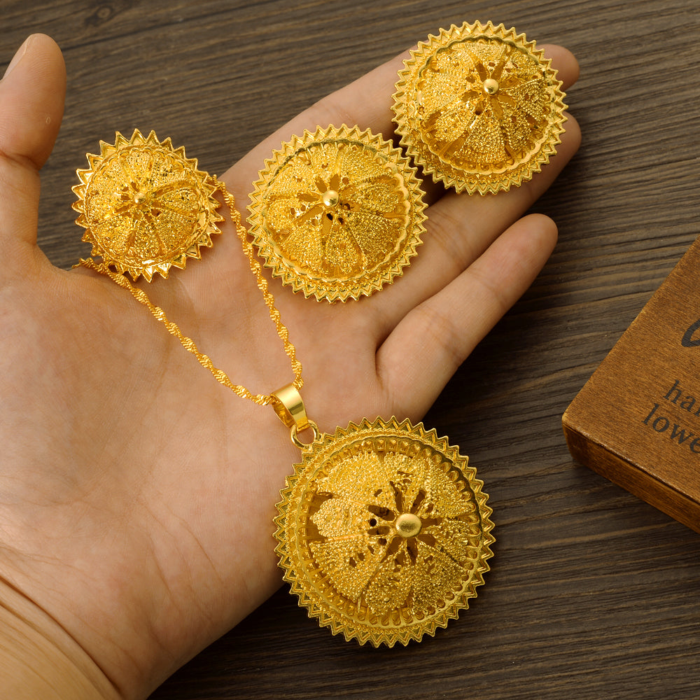 Ethiopian Geometry Round Fower Pendant Earrings Jewelry Sets Gold Color African image 1