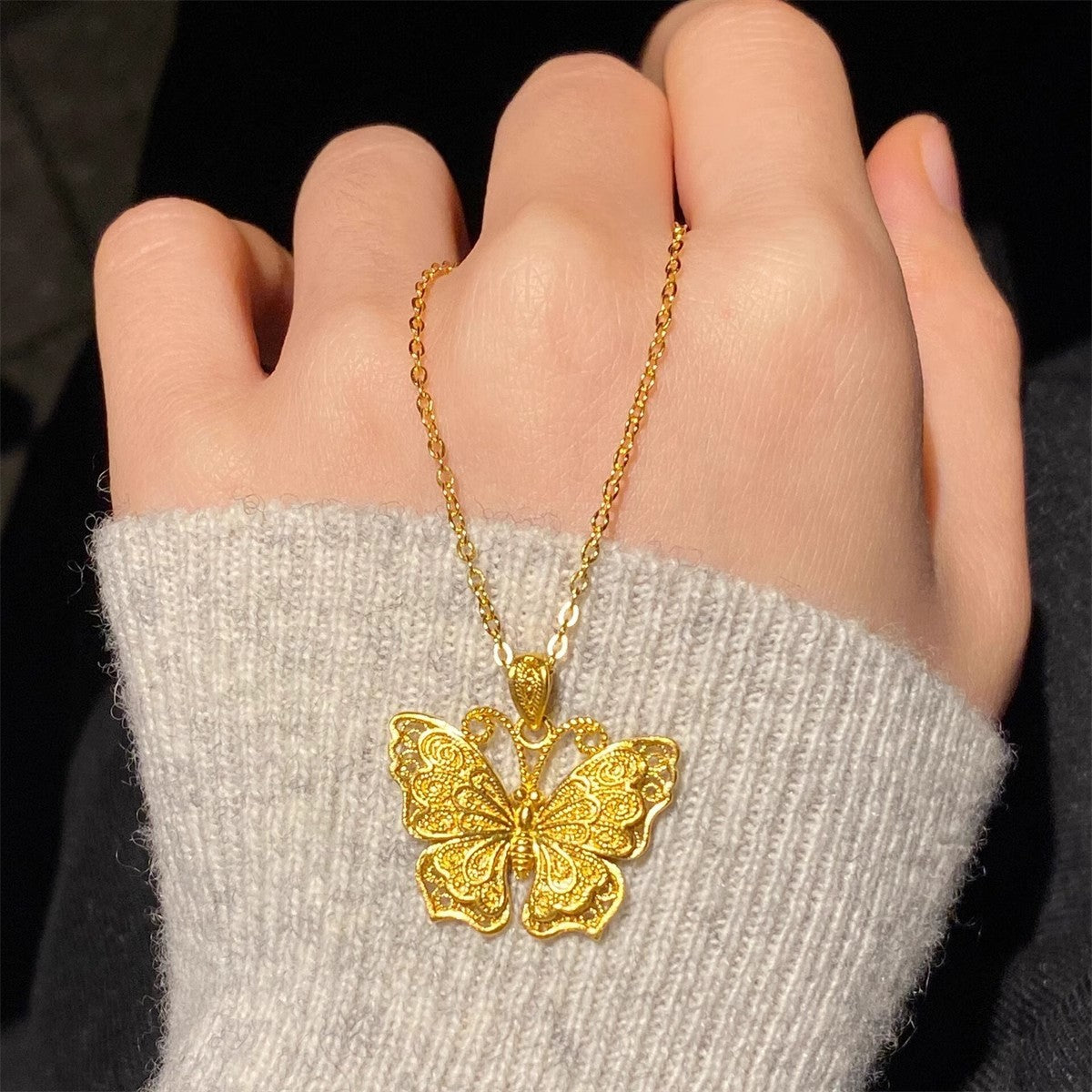 Shiny Pure 14 K Gold Color Butterfly Pendant Necklace for Women's Necklace Cha image 2