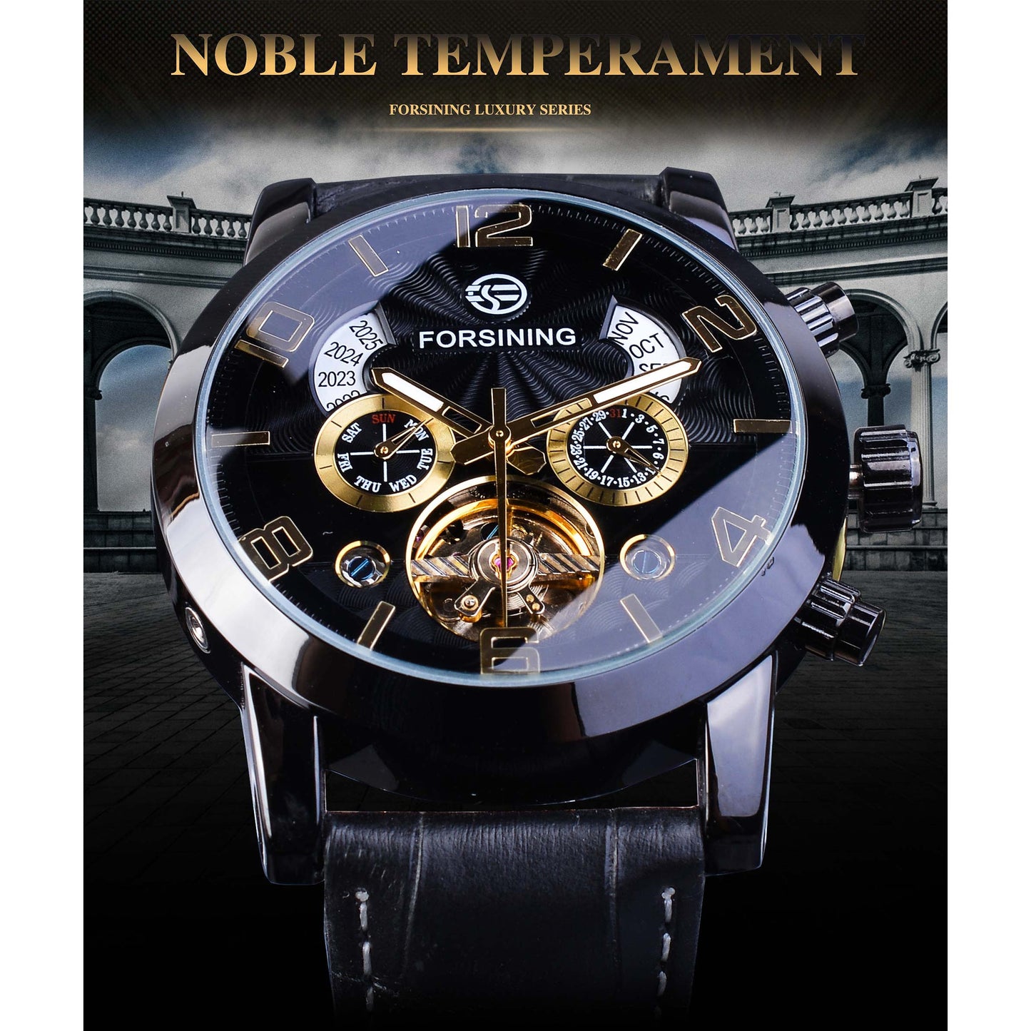 Forsining Tourbillion Fashion Wave Black Golden Clock Multi Function Display Me image 3