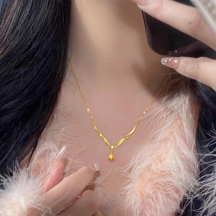 Elegant Real 14 K Gold Color Linglan Flower Necklace Pendant Set Chain for Wome image 5
